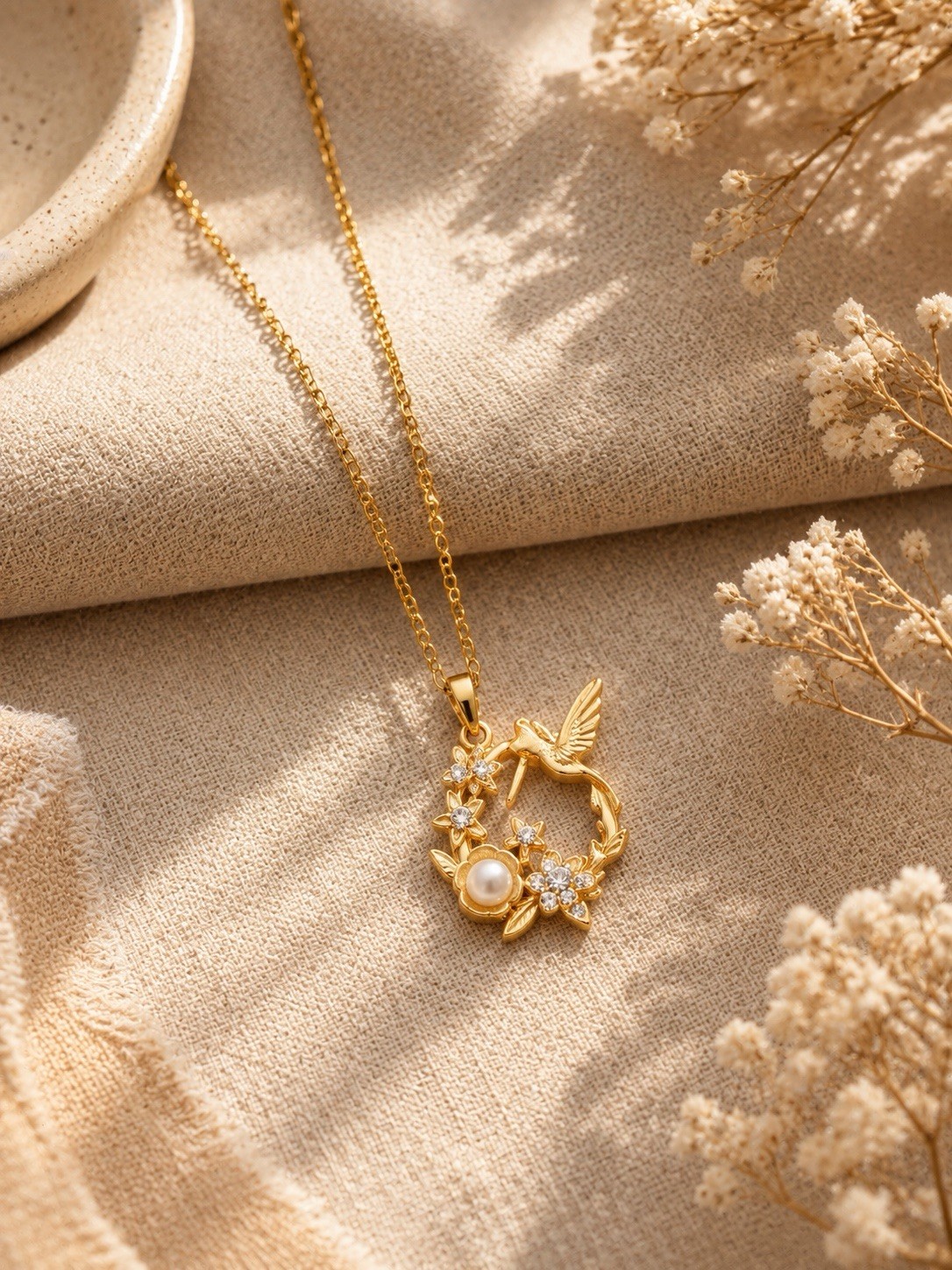 Gold Hummingbird Floral Wreath Necklace Stainless Steel Hypoallergenic Waterproo