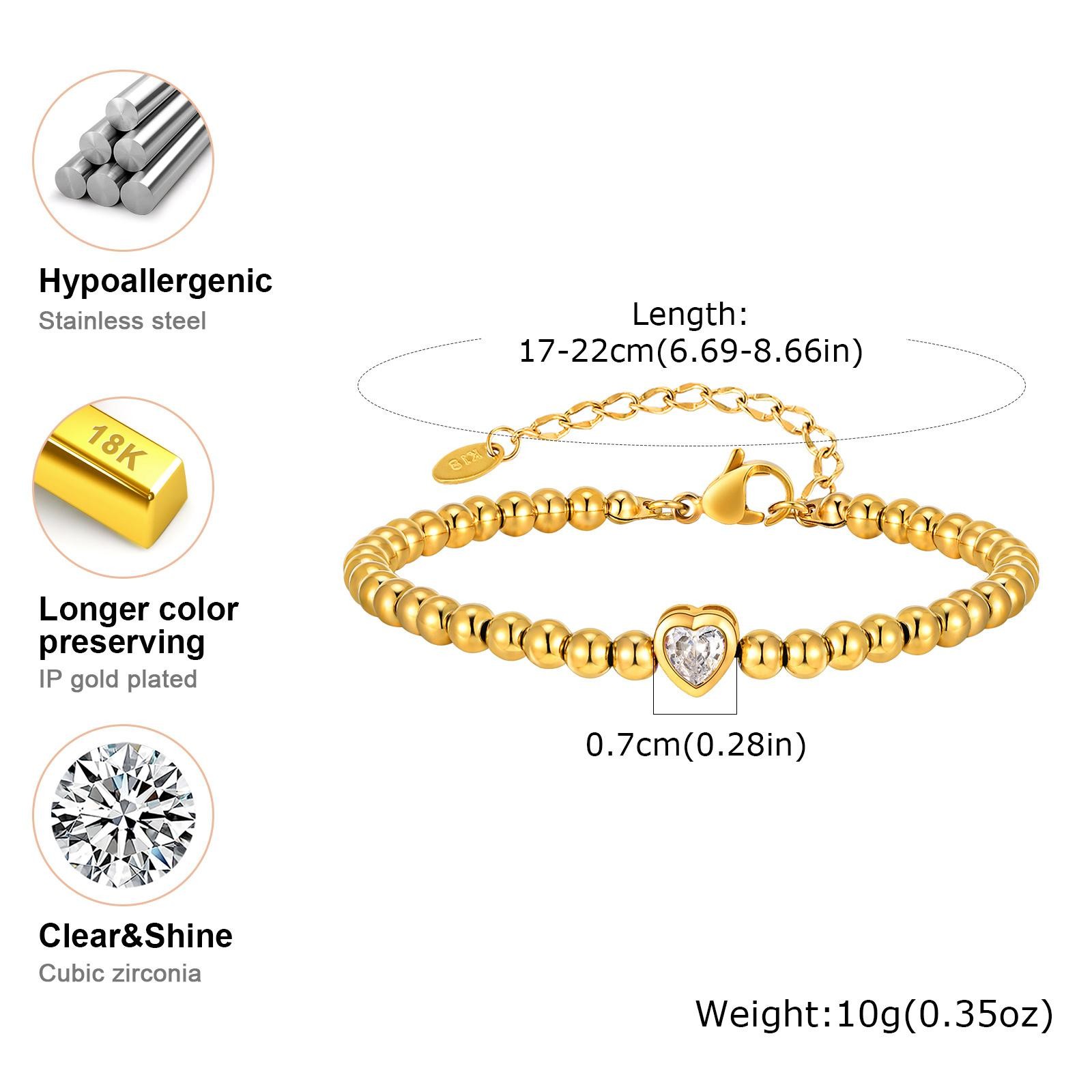 Vnox Cz Heart Beaded Bracelet Stainless Steel Women Valentine Gift 78 Chars