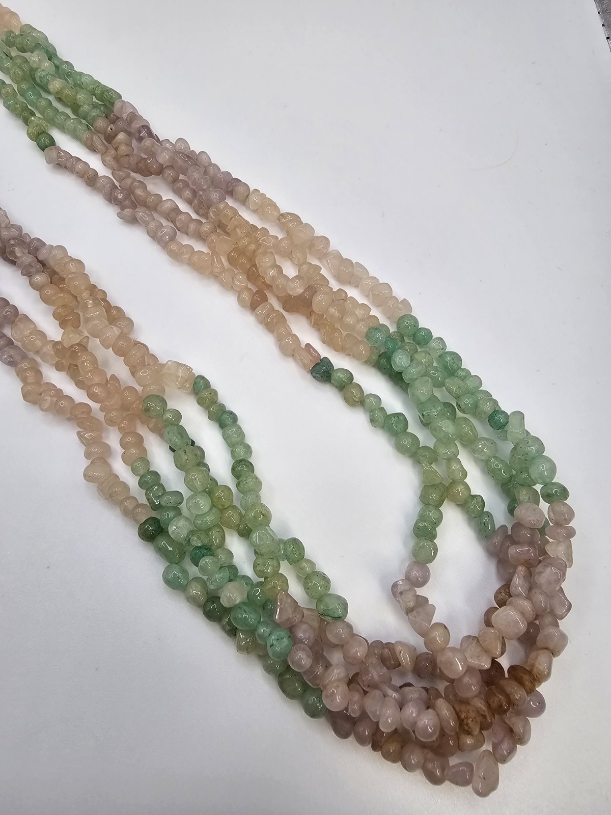 Five-strand Pastel Pink Rose quartz & Mint Green Adventurine & Amethyst 23″ Neck