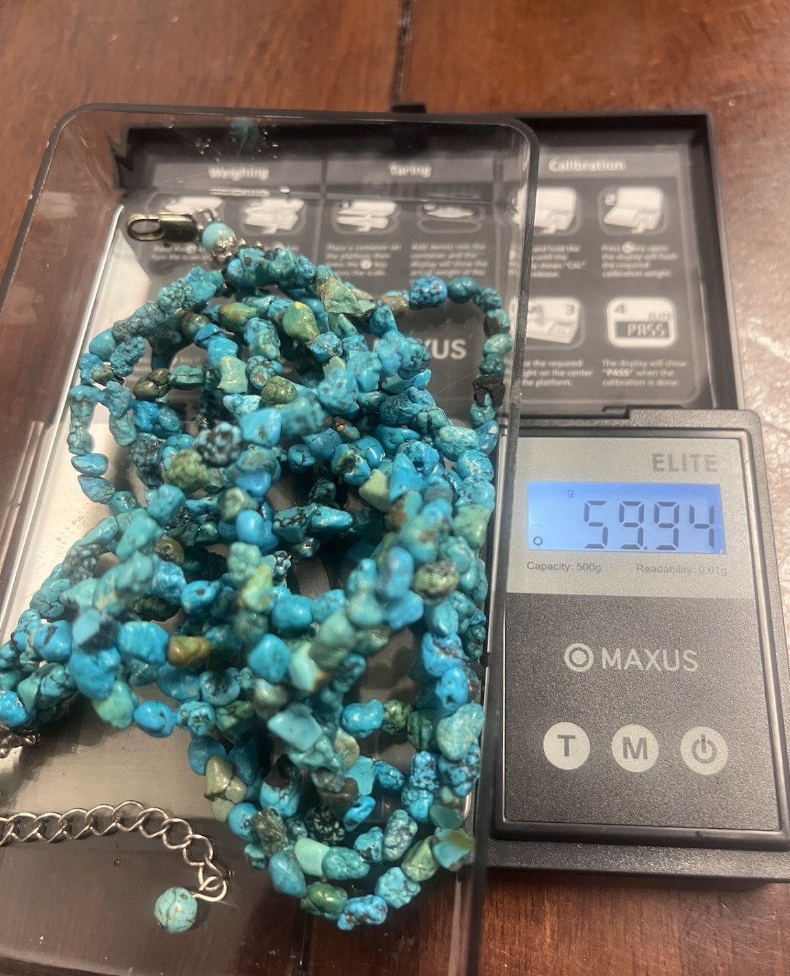 Turquoise Necklace 19” Multistrand, 60g, Stabilized, Color enhanced, 5-7mm