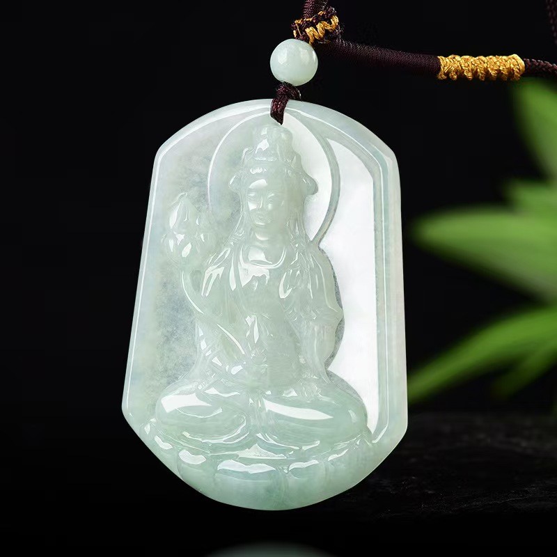 Real Grade A 100% Natural White Green Jade Jadeite Guanyin Pendant Necklace