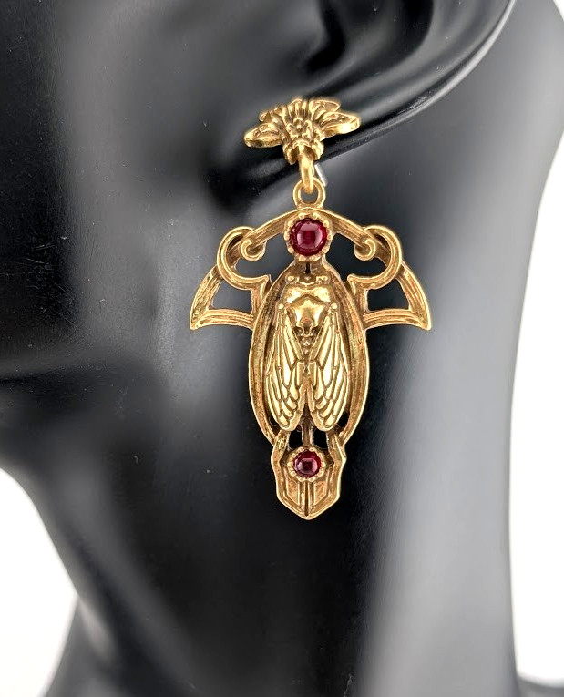 ART DECO CICADA EARRINGS brass insect & burgundy “stones” nouveau gothic S2