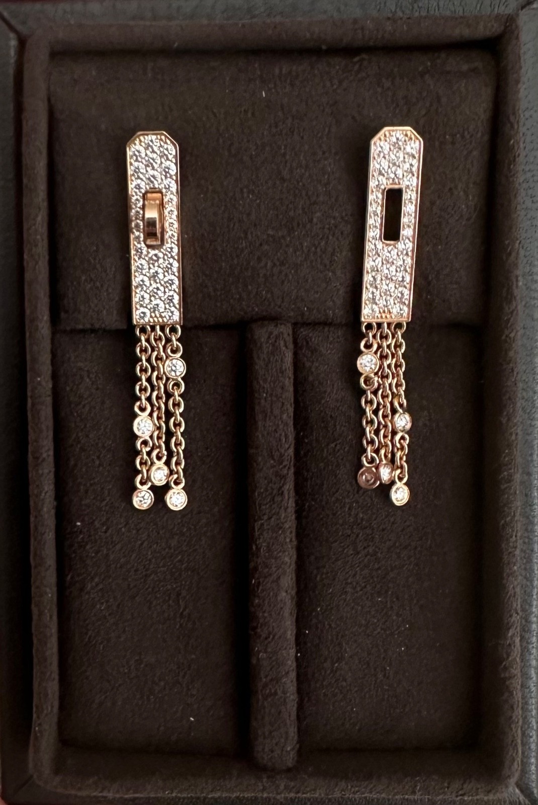 MSRP $17,300 Unused 2025 Hermes Kelly 18K Rose Gold Pave Diamond Earrings