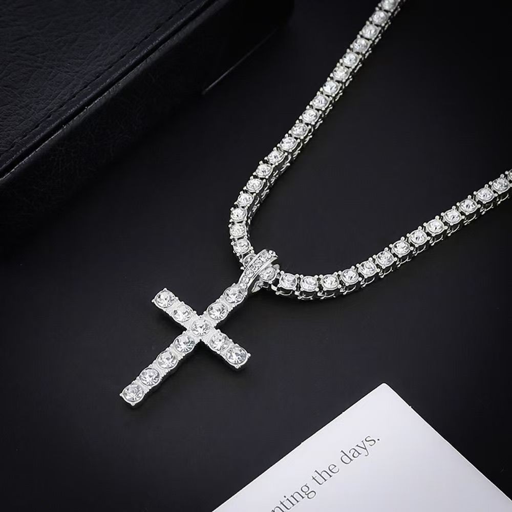 Silver Layer Tennis Chain Cross Pendant Hip Hop Unisex Bling Layering Necklace