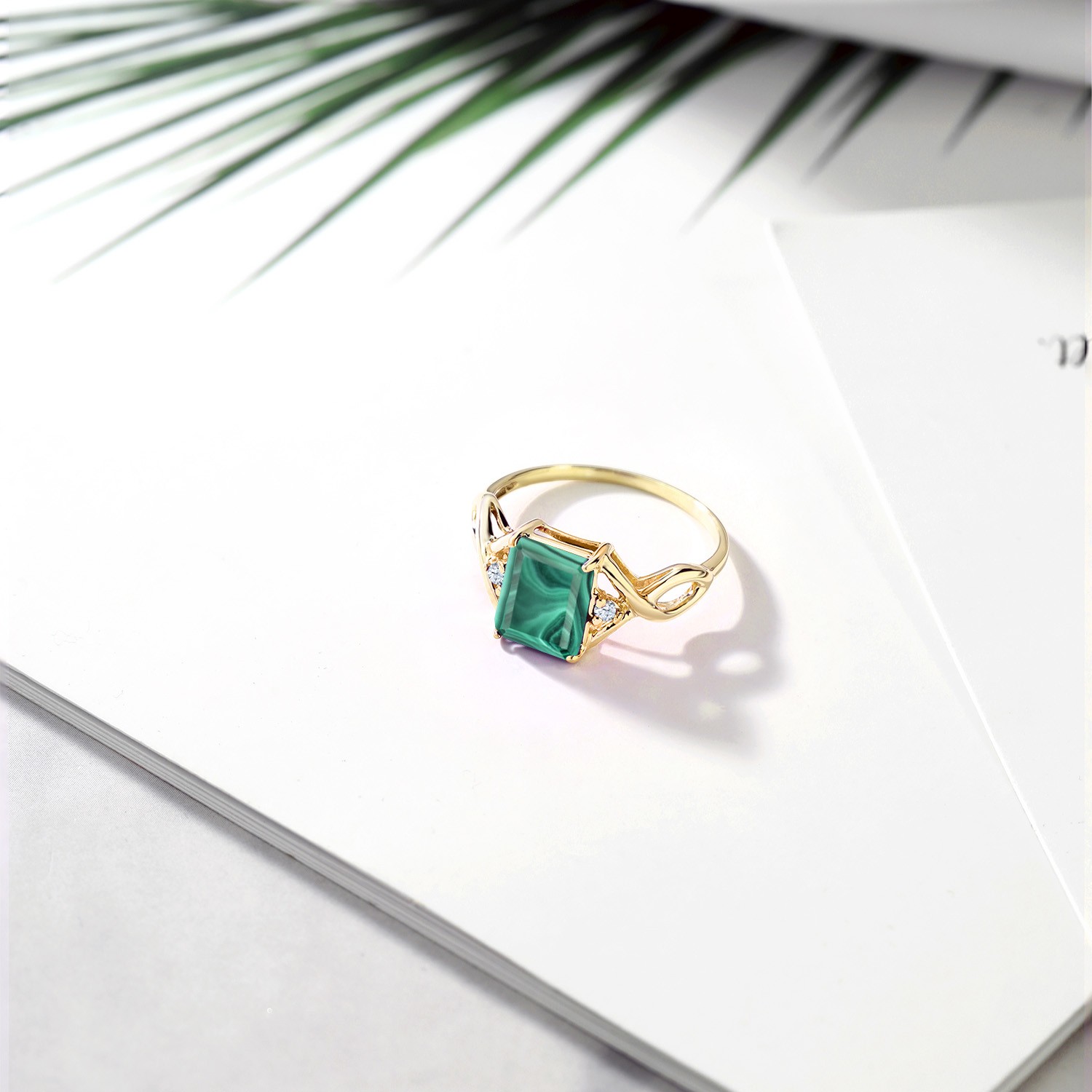 18K Yellow Gold Plated Silver Ring Malachite Moissanite (3.58 Cttw)