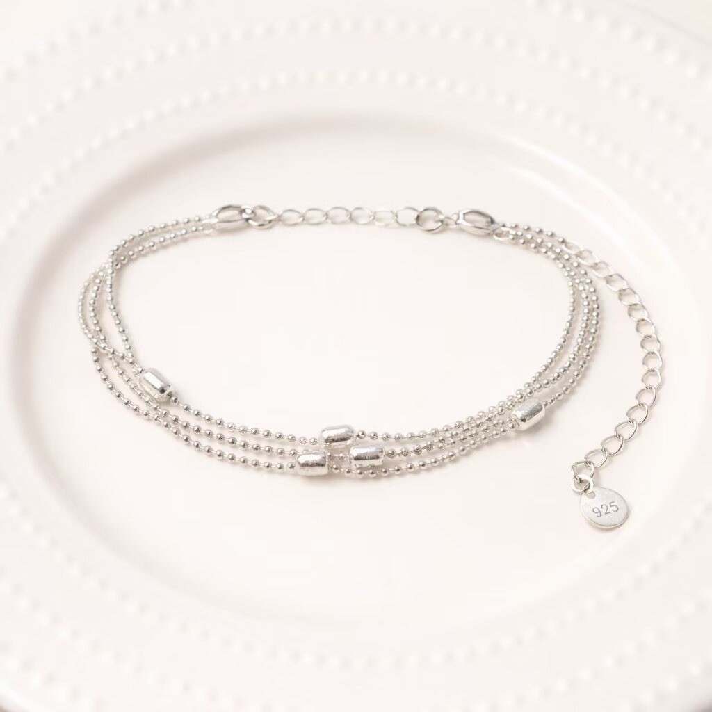 Silver Layered Ball Chain Bracelet,Triple Chain Bracelet, Adjustable BR046