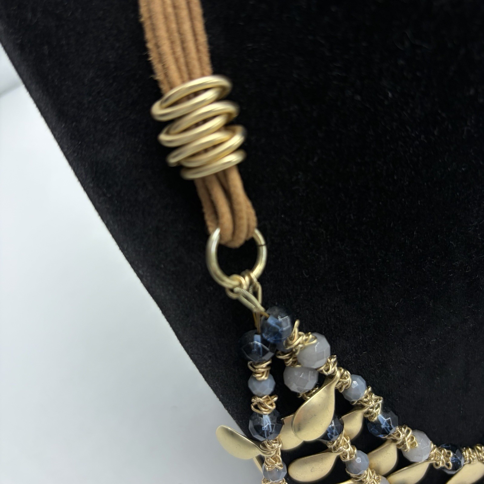 Statement Necklace Gold Tone Disc Brown Cord Gray Bead St Thomas Career Office