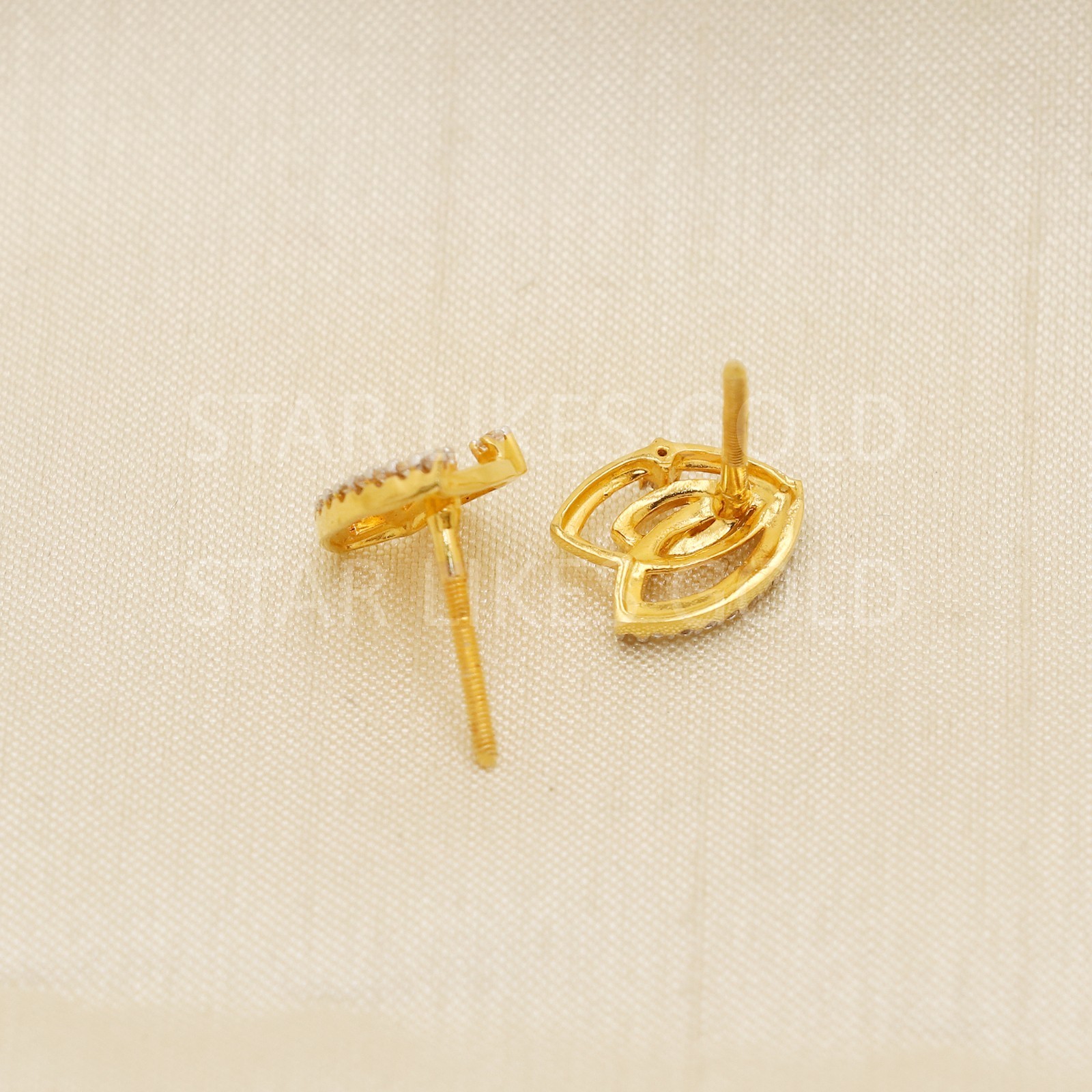 Solid 22k Yellow Gold CZ Oval Marquise Stud Earrings Two-Tone Multi-Layer Tops