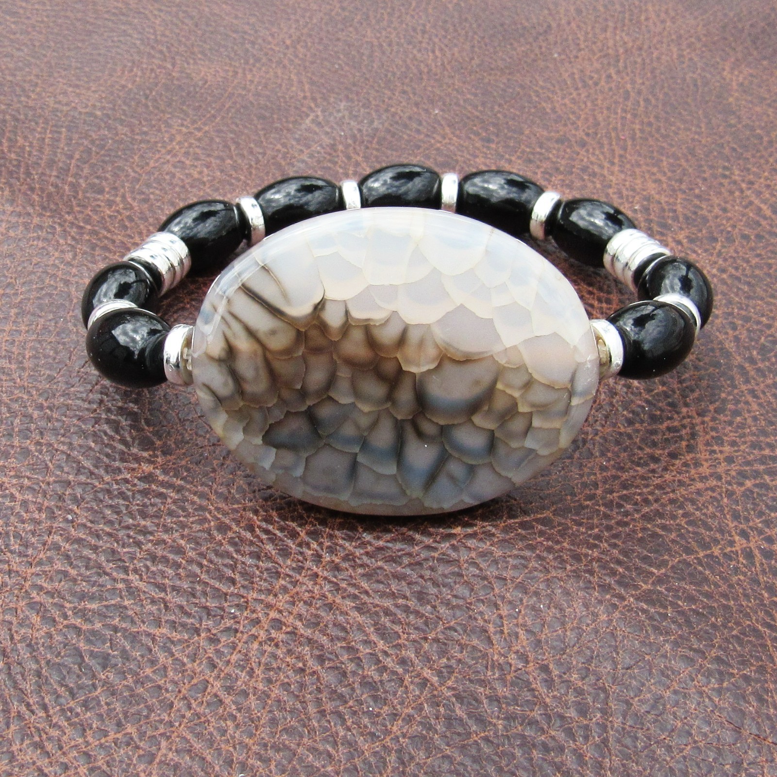 Black Fire Crackle Agate, Black Obsidian Stone Stretchy Bracelet 6 inches
