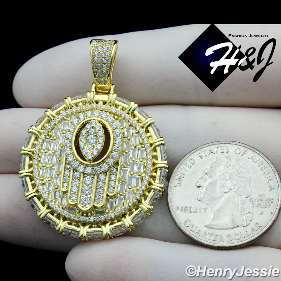925 STERLING SILVER CUBIC ZIRCONIA GOLD PLATED EVIL EYE HAMSA ROUND PENDANT*G367