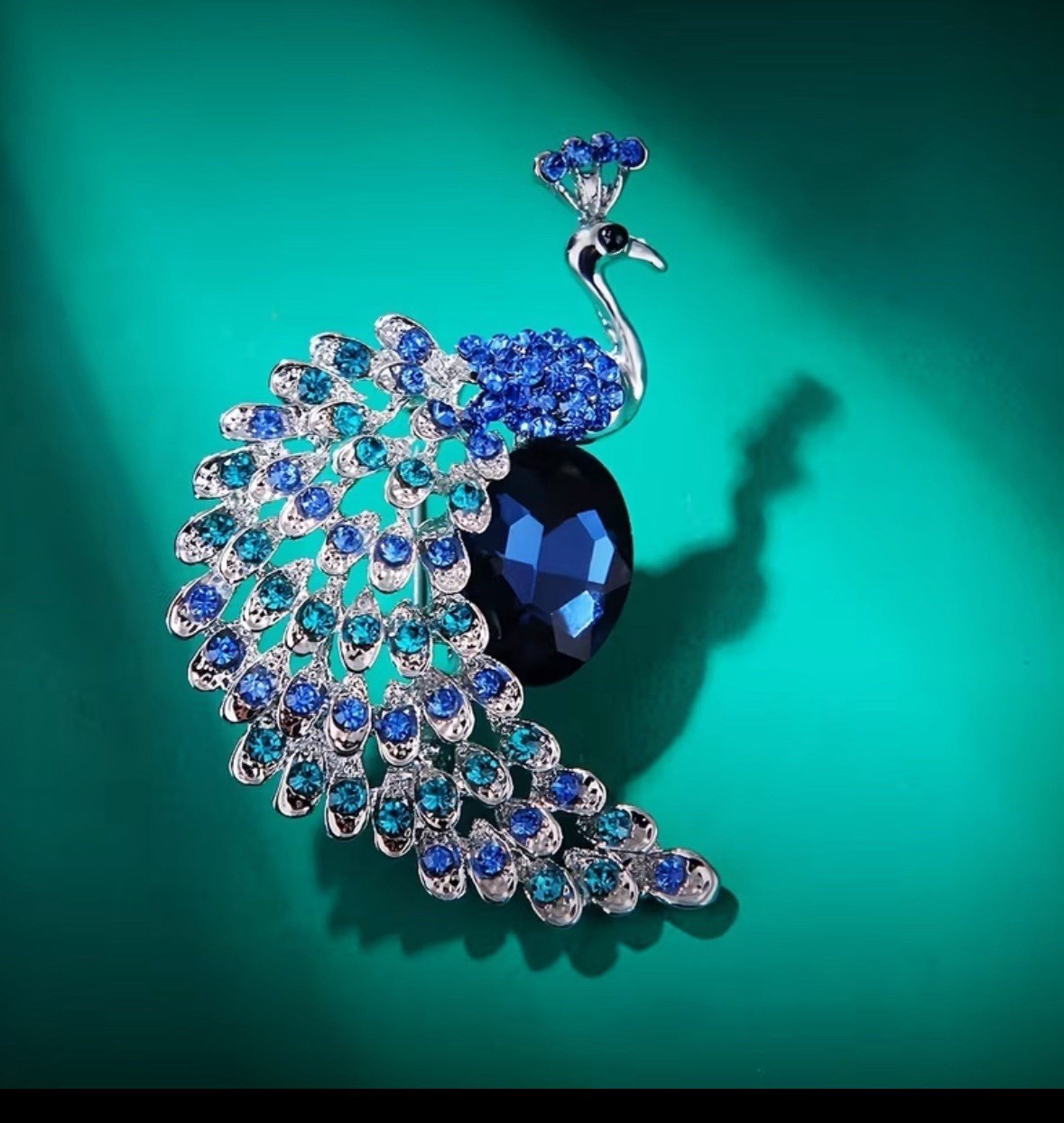 Blue Crystal Peacock Brooch Pin Rhinestone Bird Vintage Style Jewelry