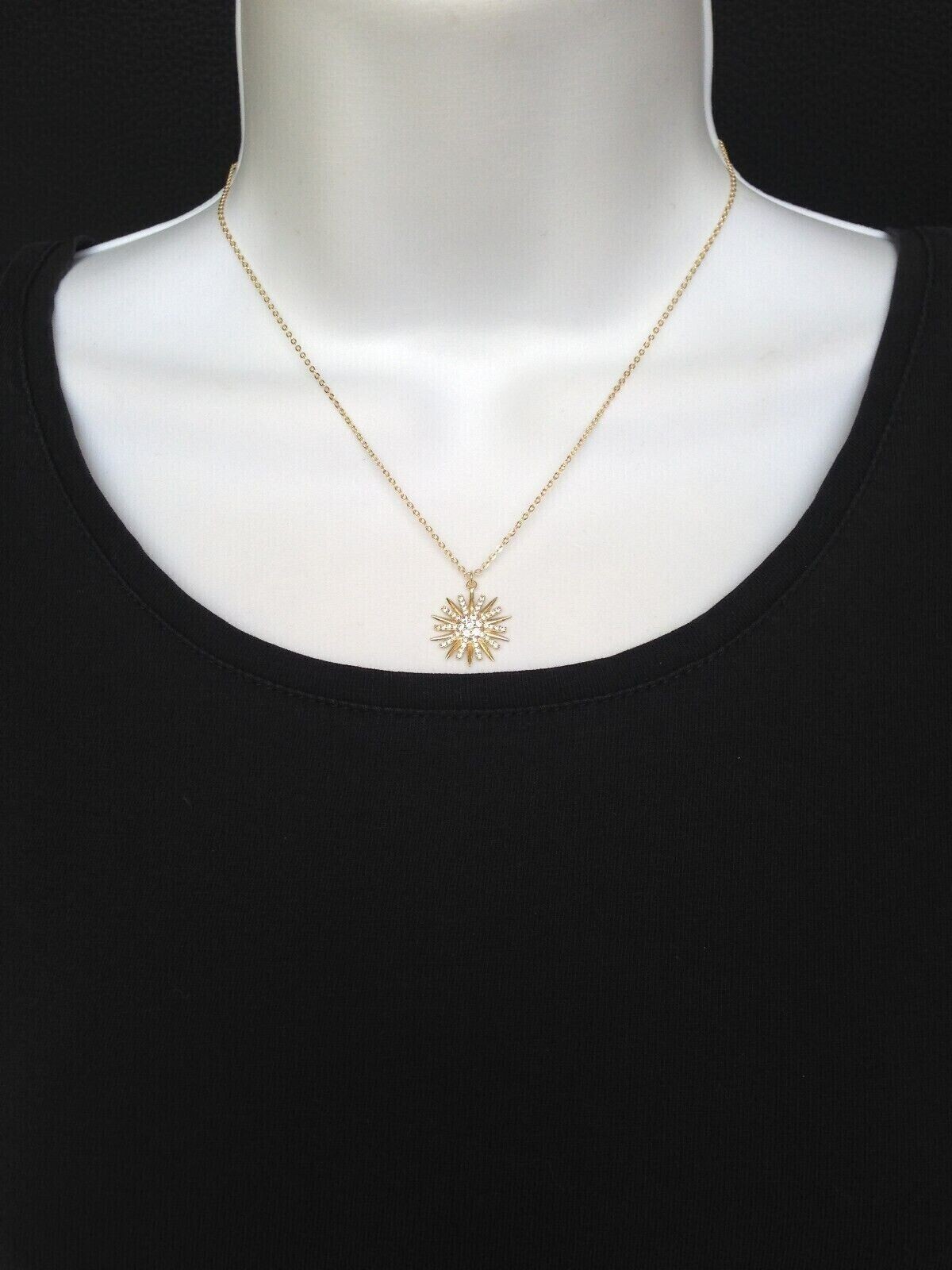 925 Sterling Silver CZ Gold Sunburst Sun Pendant Necklace Women 15mm 16-18″ Tiny