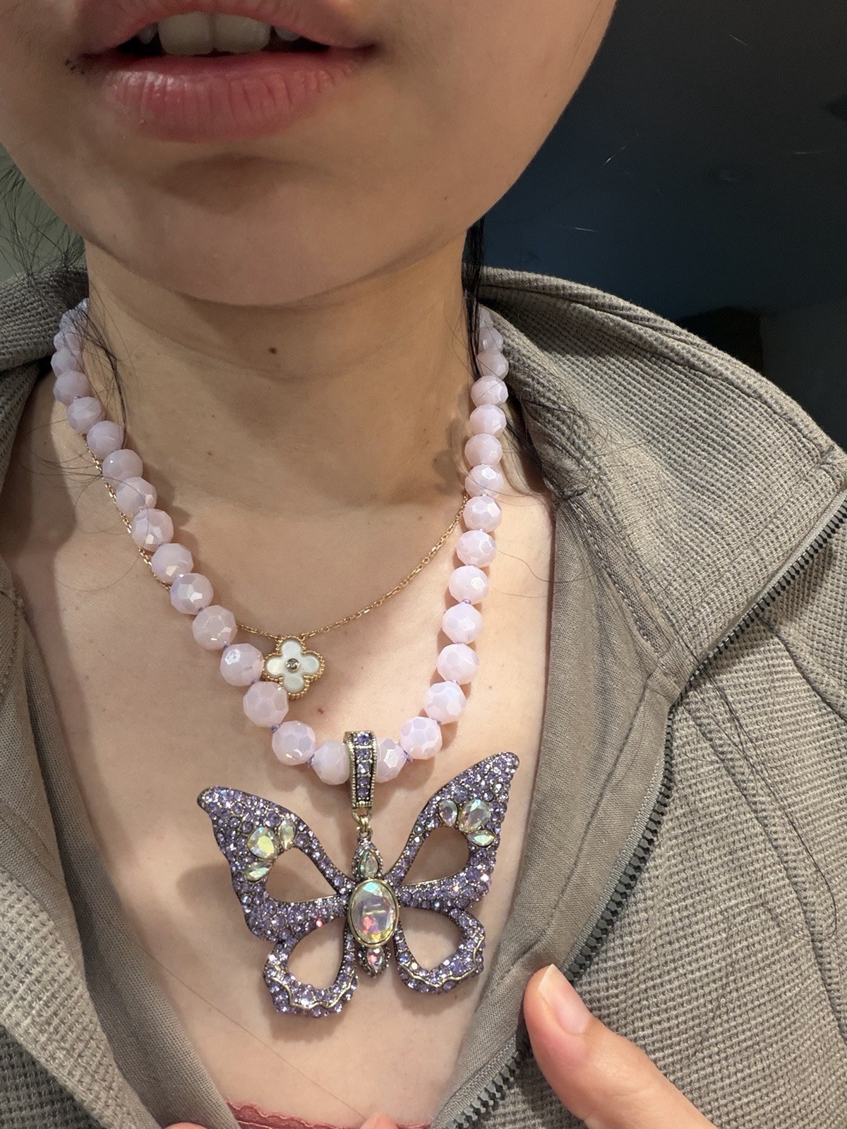 NWT- Heidi Daus Pink Gold Plated Beaded Butterfly Crystal Charm Pendant Necklace