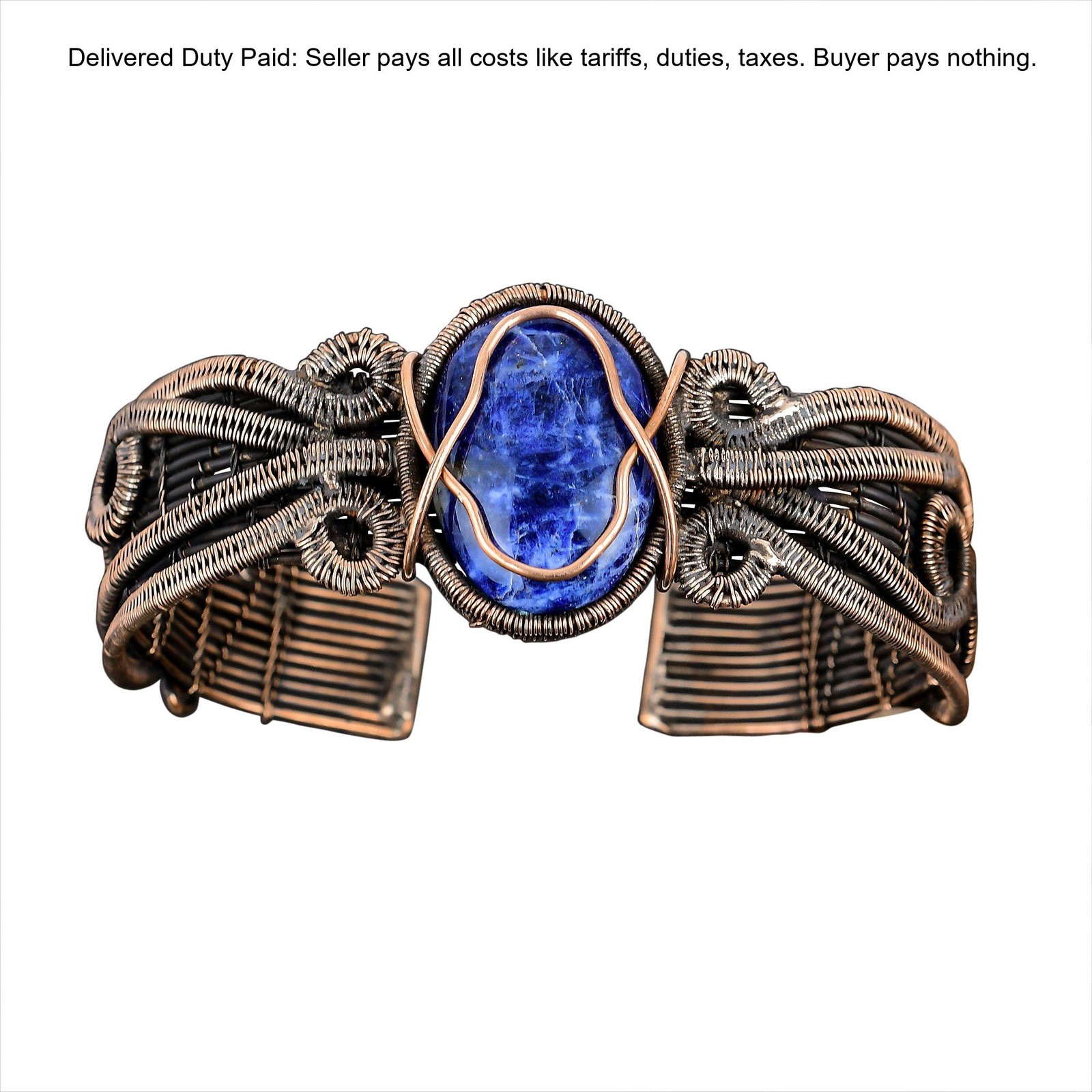 Oval Third Eye Chakra Sodalite Gemstone Boho Wire Wrapped Bangle Jewelry Copper