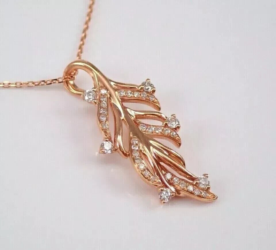 14k Rose Gold Plated In Round Cut Simulated Diamond Stunning Leaf Shape Pendant