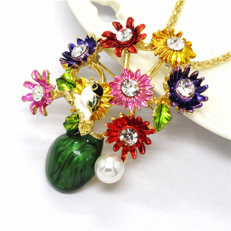 New Fashion Women Colorful Enamel Cute Flower Vase Crystal Pendant Necklace
