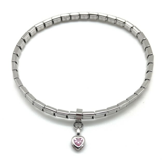 Italian Modular Charm Bracelet Dangle Pink CZ Heart Stainless Steel Silver 4 mm