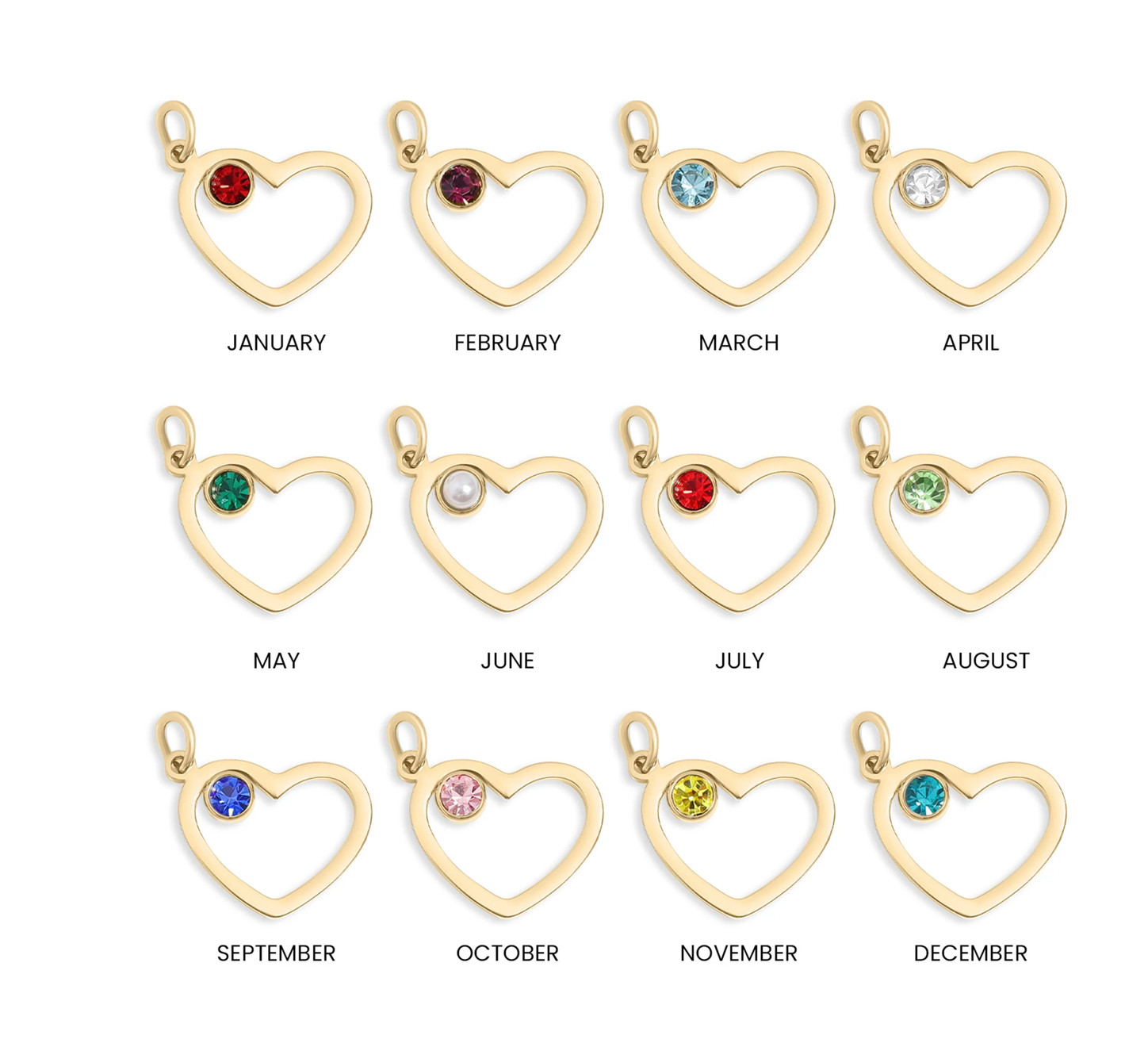 18K Gold PVD Stainless Steel Birthstone Heart Charm w/ Lobster Claw Clasp