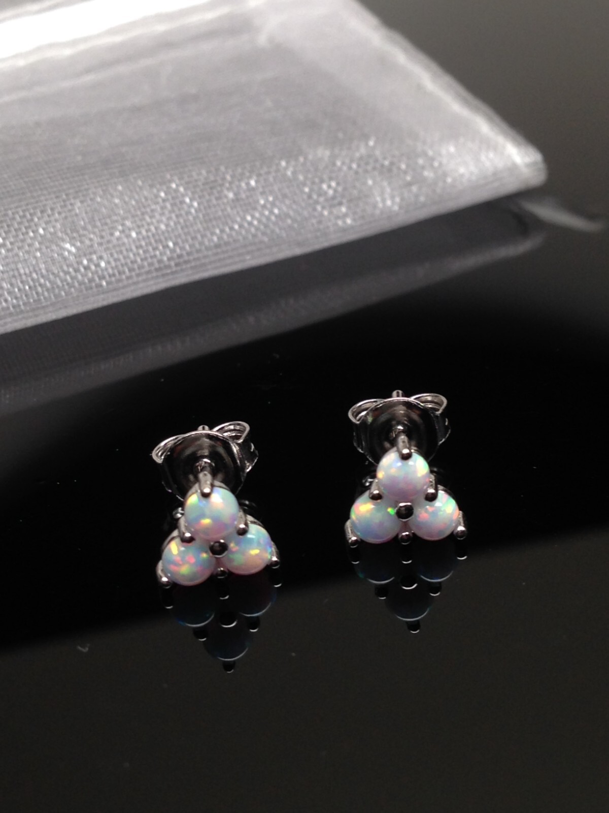Three Stone White Opal Stud Earrings Sterling Silver 925 Tiny Studs 6mm