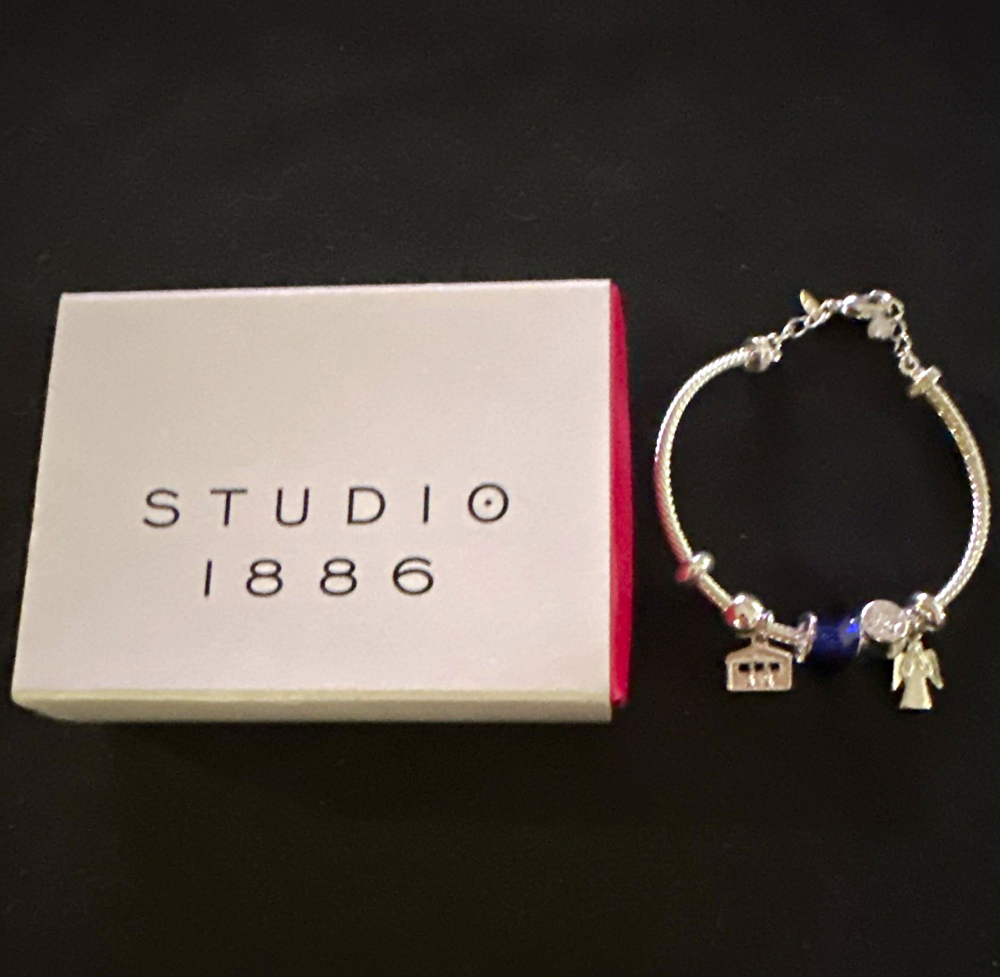 Avo STUDIO 1886 Silver Tone Snake Chain Charm Bracelet Blue Bead Lobster Clasp