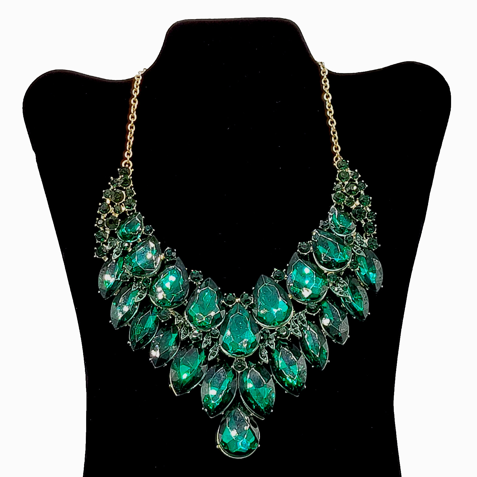 Christina Collection Green Faceted Glass Rhinestone Gold Tone Formal Necklace