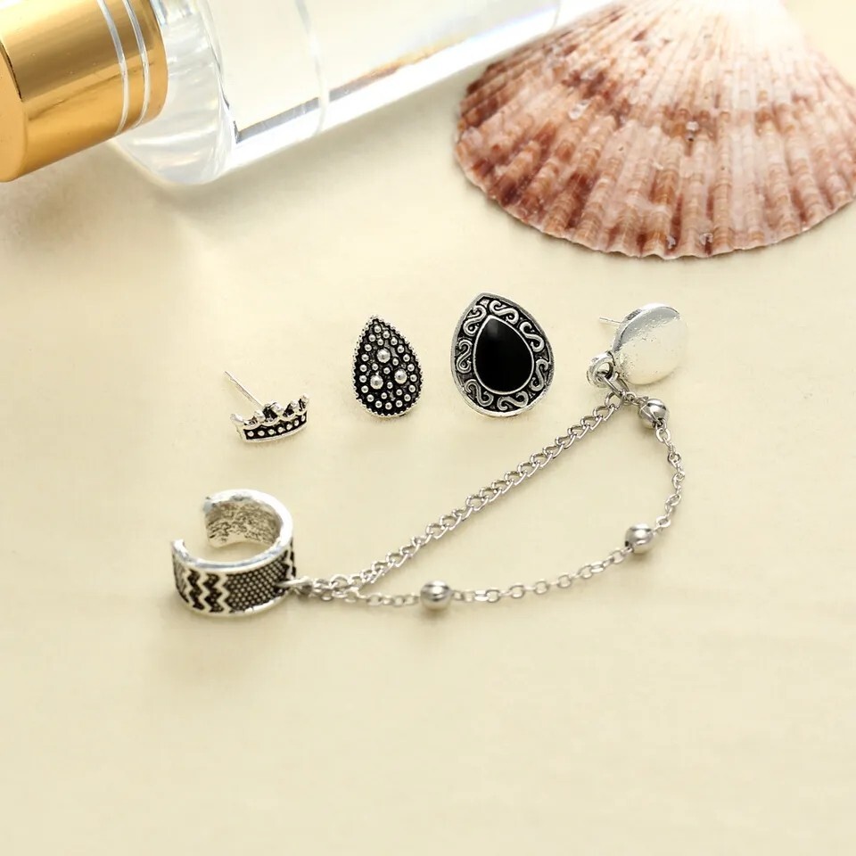 4pcs Stud Bohemian Retro Style Crown Water Droplets Chain Fashion Earrings Cuff