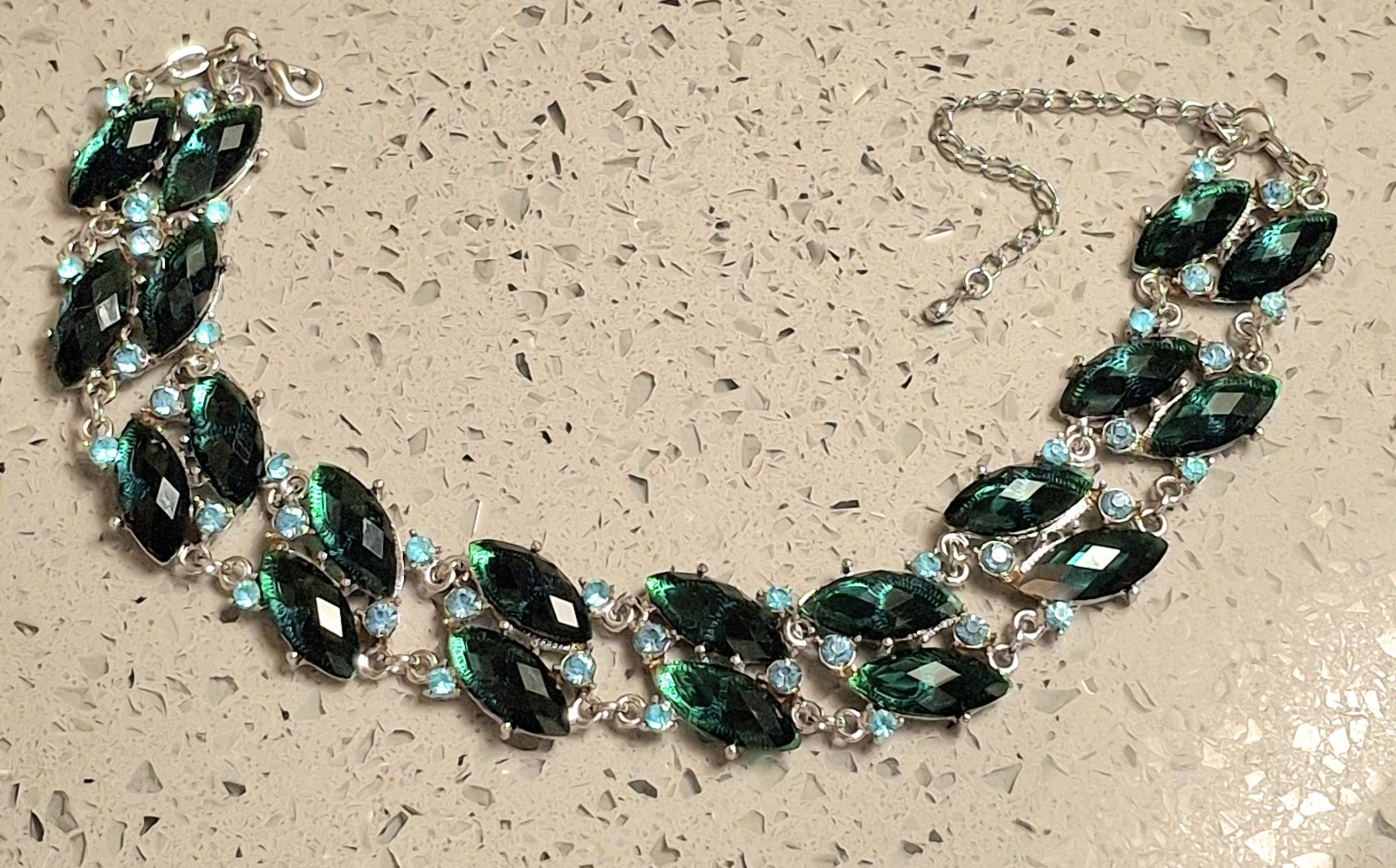 Rhinestone Necklace Green Lt Blue Silver Tone Adjusts 18″ Chain Link Estate Sale