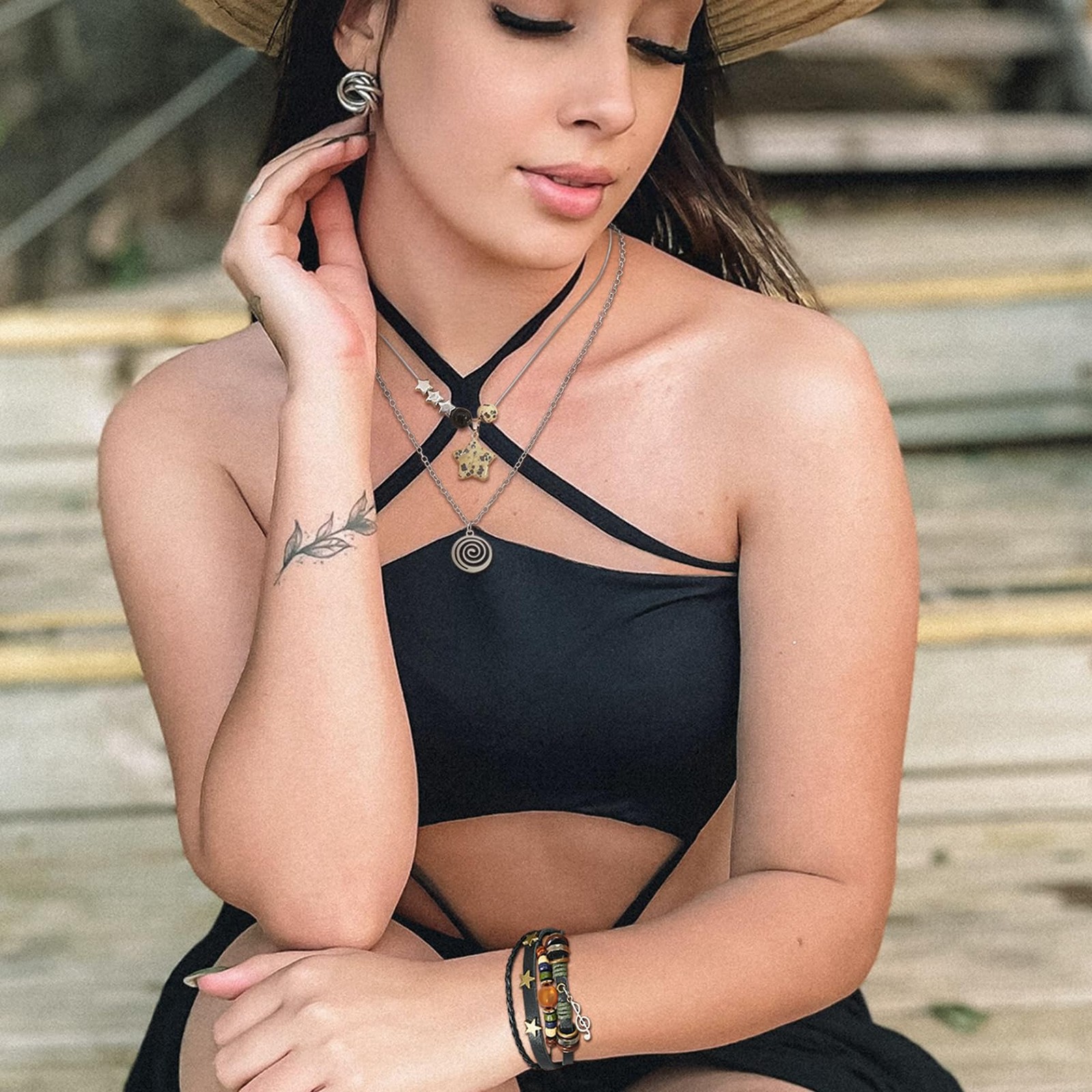 RechicGu Multilayer Y2k Star Necklace Fairy Grunge Bracelets Swirl Set