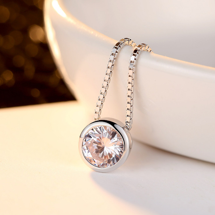 S925 Sterling Silver Dainty Bezel CZ Solitaire Pendant Necklace 16″ Chain PE56