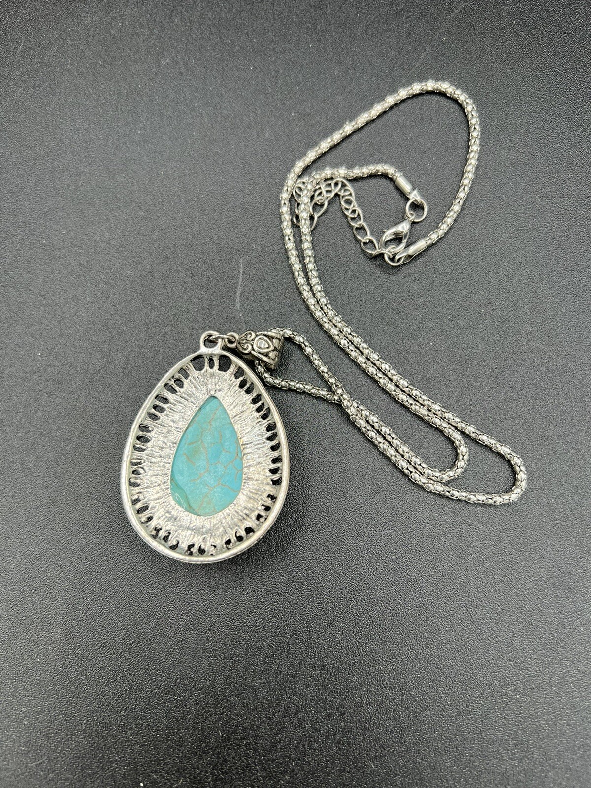 Silver Tone and Faux Turquoise Teardrop Pendant Necklace 18” + 2.5” Extender