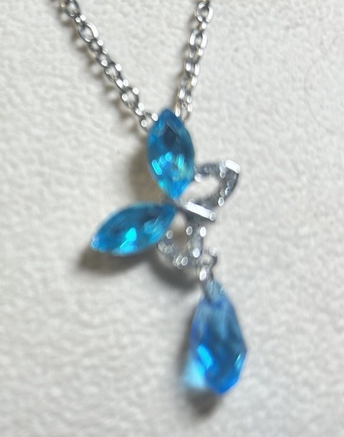 Aqua Butterfly With Dangle Gem Dainty Pendant, Silvertone Chain 20”