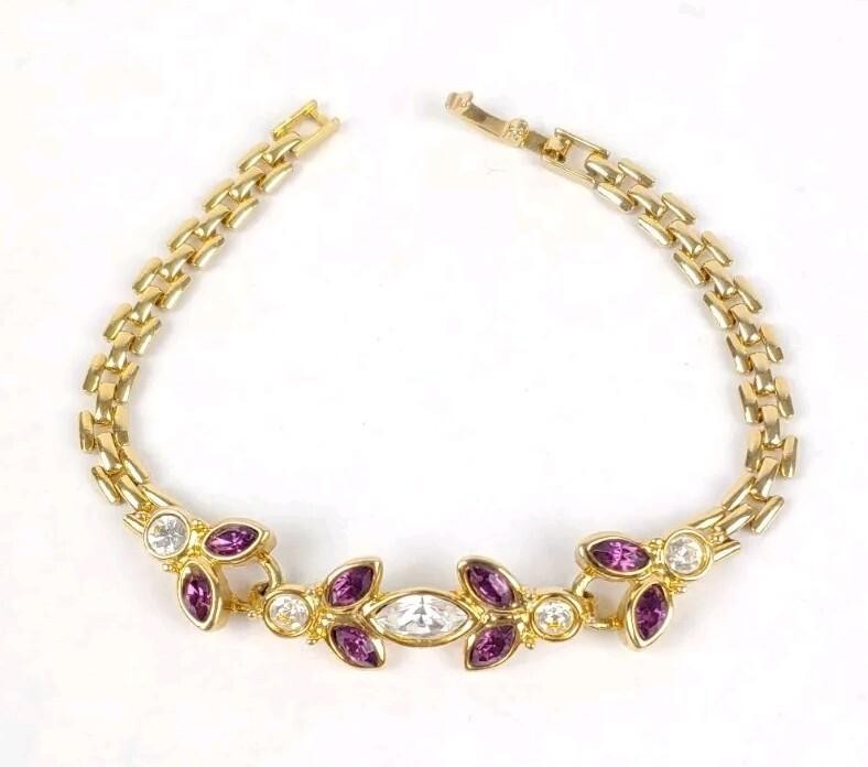 Gold Tone Bracelet Purple & Clear Rhinestones 7.5″