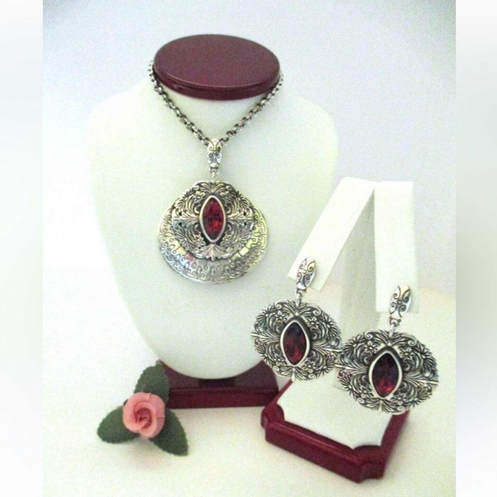 Brighton Rouge Lace Silver Plate Drop Post Earring w Red Navette Crystal