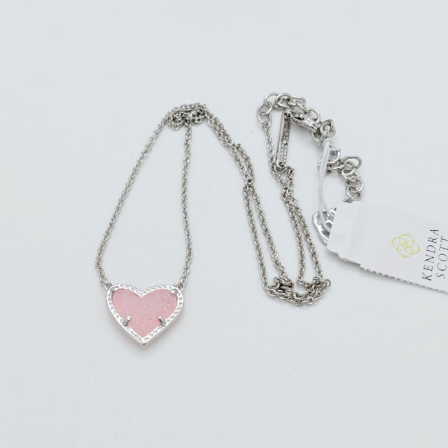 New Kendra Scott Ari Heart Silver Necklace in Pink Drusy