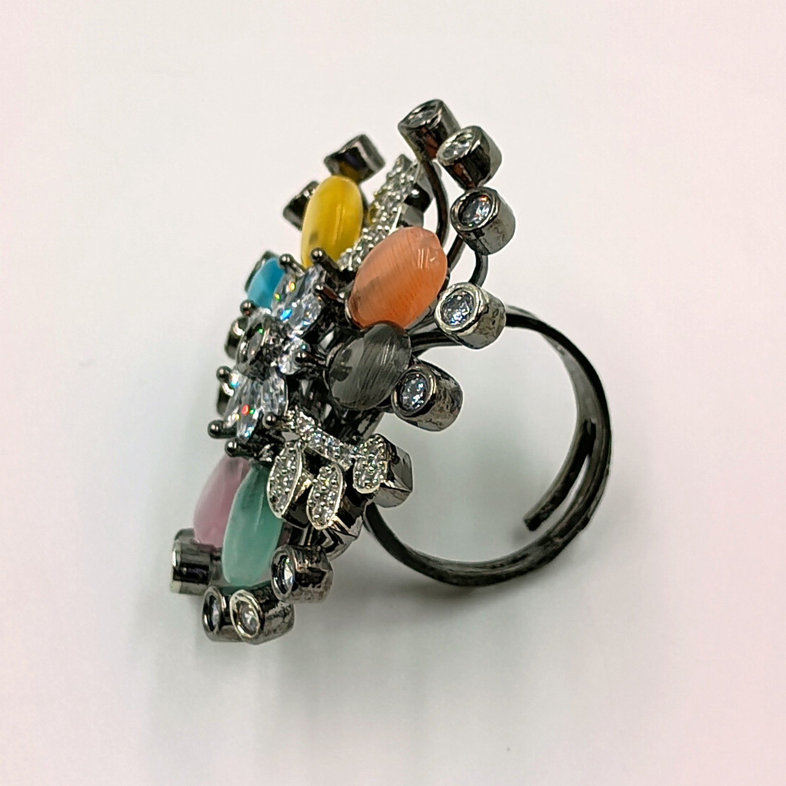 Handmade Multi Stone Ring Adjustable Cubic Zirconia Black Rhodium Plated Boho