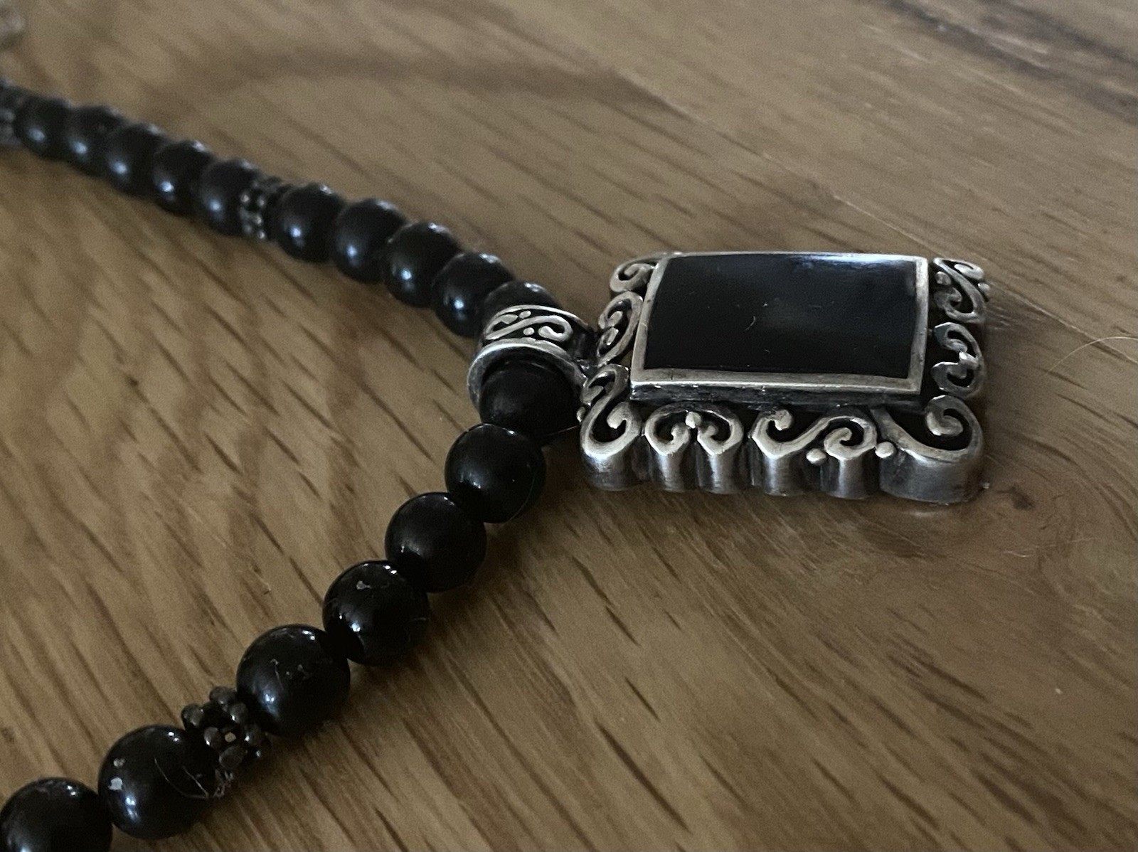 Black Onyx 925 Sterling Silver Beaded Necklace Rectangular Pendant 16-18” 30g