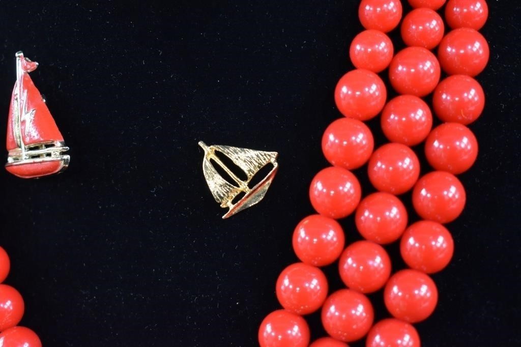 CC Nautical Set Necklace 19in Red Bead Triple Strand Blue Anchor 2 Sailboat Pins