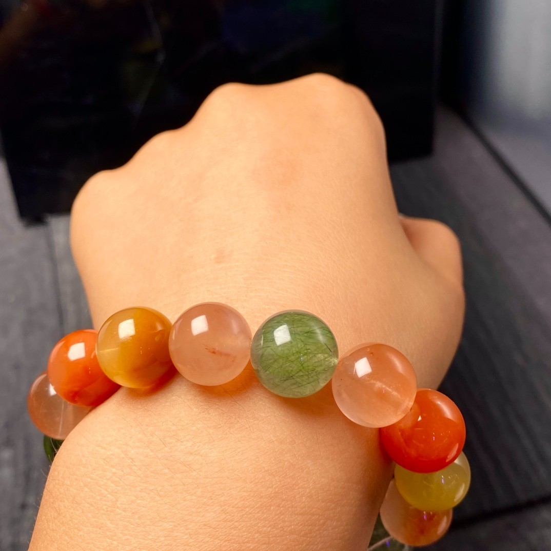 13.1mm Natural Multicolor Rutilated Quartz Bracelet 14mm Fu Lu Shou Crystal
