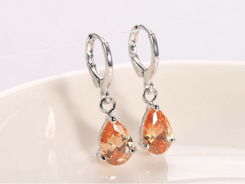 Pretty New Silver Plated Orange CZ Pear Shape Teardrop Leverback Dangle Earrings