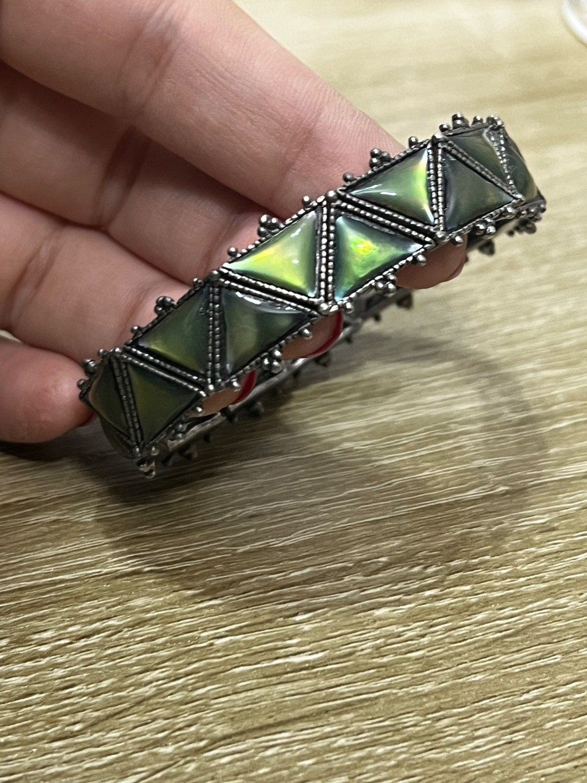 Vintage Silver Tone Geometric Triangle Link Bracelet Iridescent Fashion Jewelry