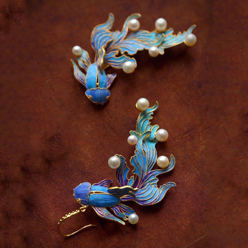 Enamel Imitation Kingfisher Koi Fish Earrings Pearl Chinese Style Jewelry
