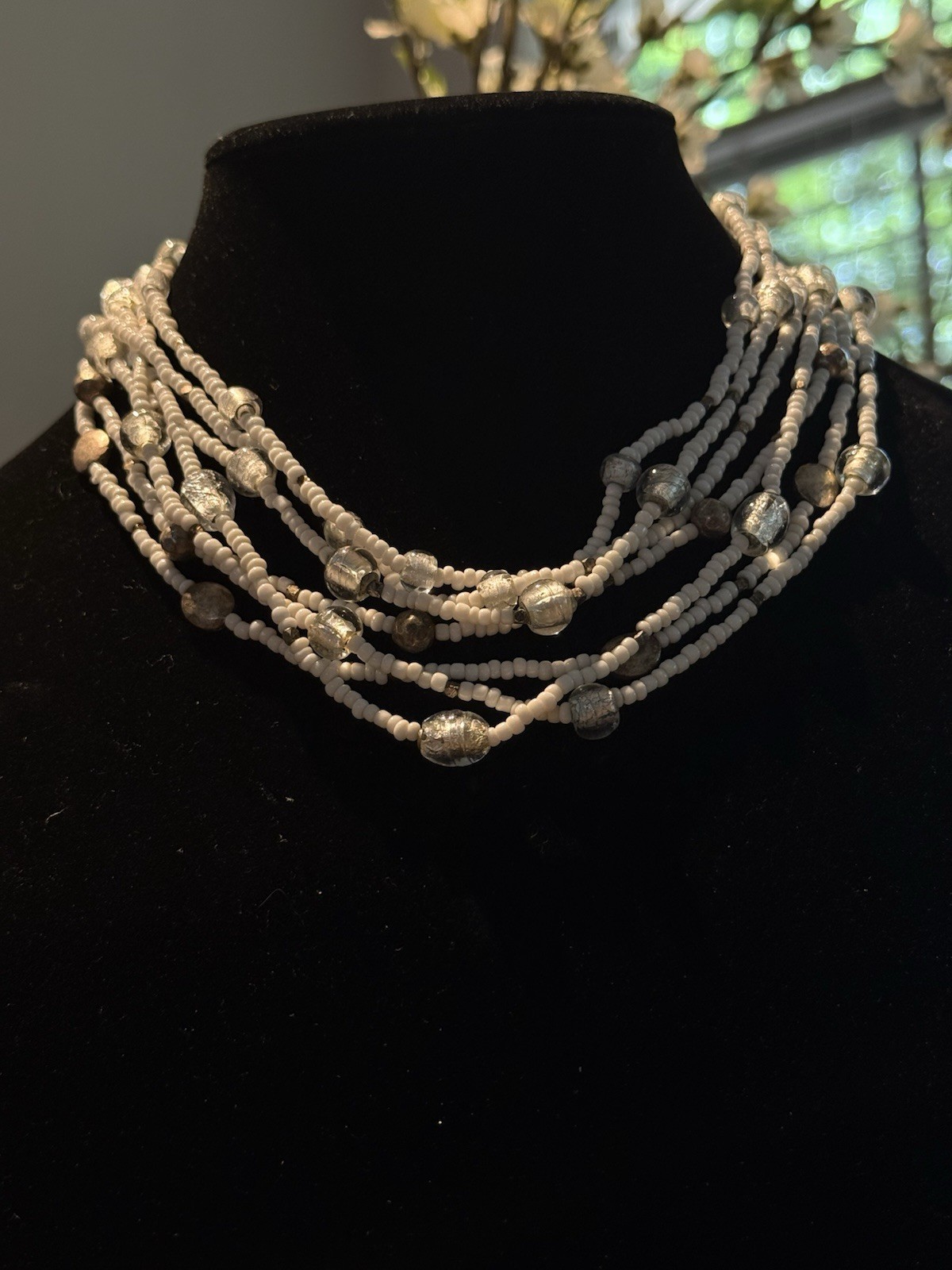 White & Silver Multi-Strand Glass Beaded Statement Necklace, Lobster, Adj.