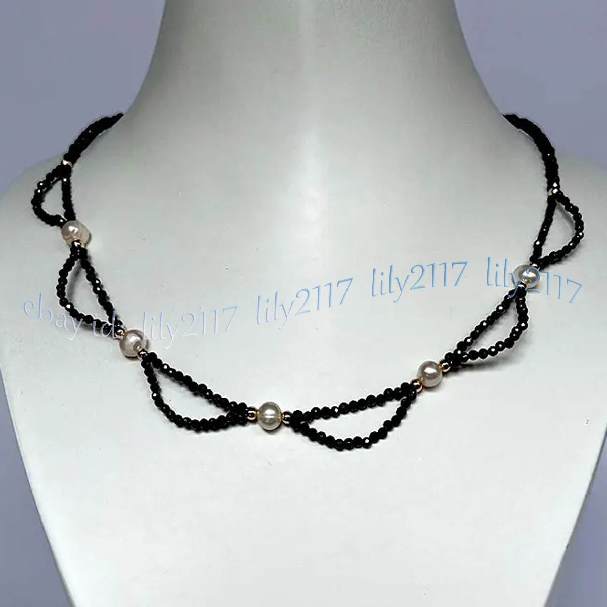 3mm Faceted Black Spinel Gems Beads Natural White Freshwater Pearl Necklace 18”
