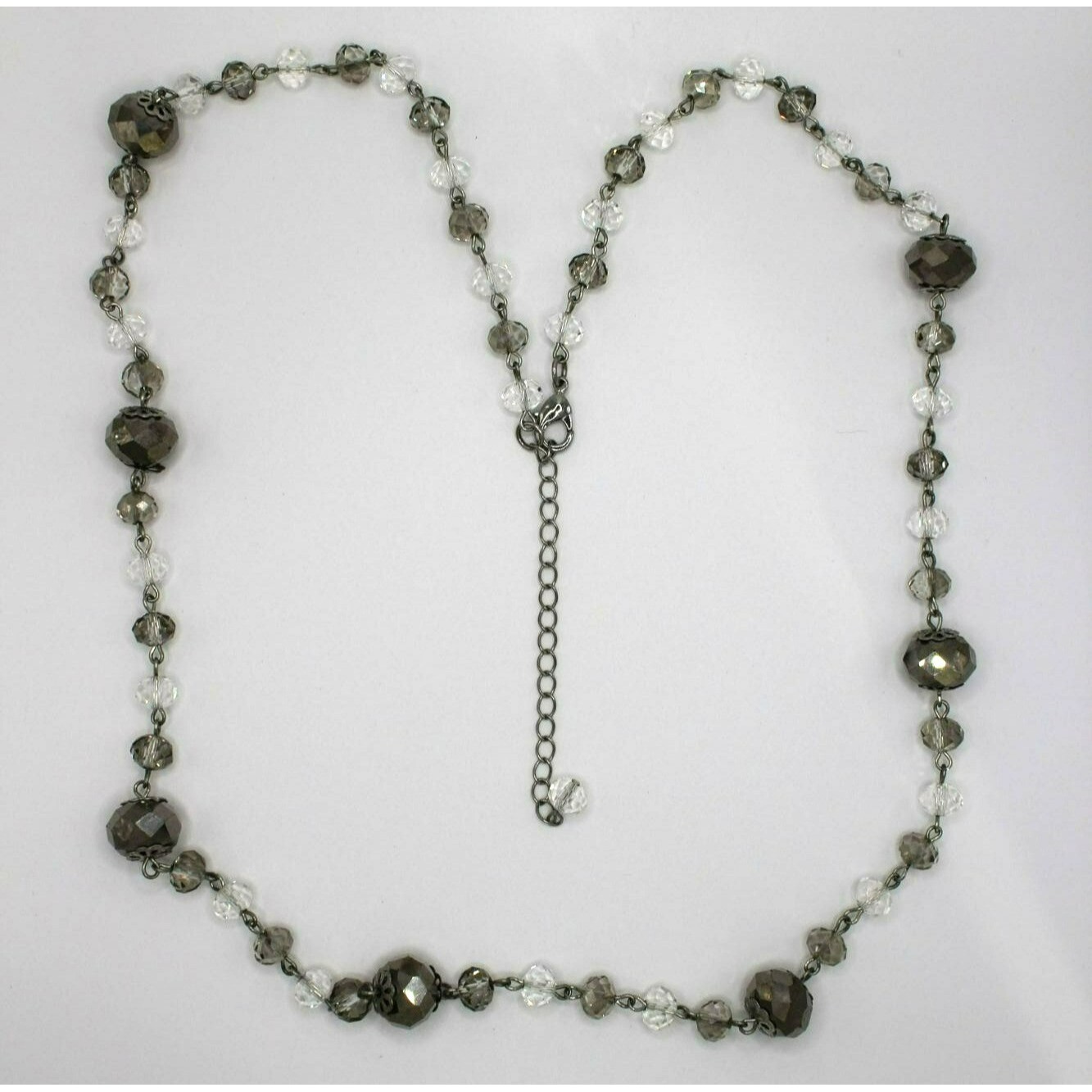 Glass Silver Gray Clear Faceted Beads Silver Tone Long Necklace 15″ Silver Tone
