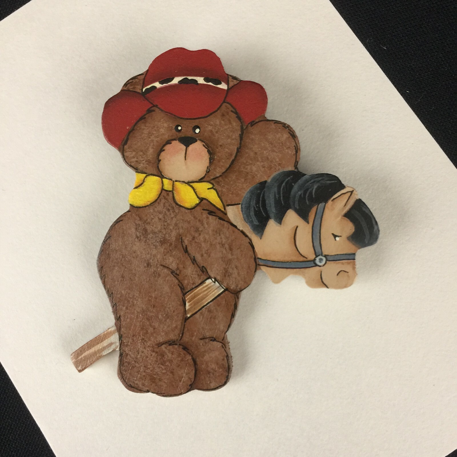 Brooch Cowboy Teddy Bear on Horse Pin Wooden Hand Painted Locking Bar Back VTG
