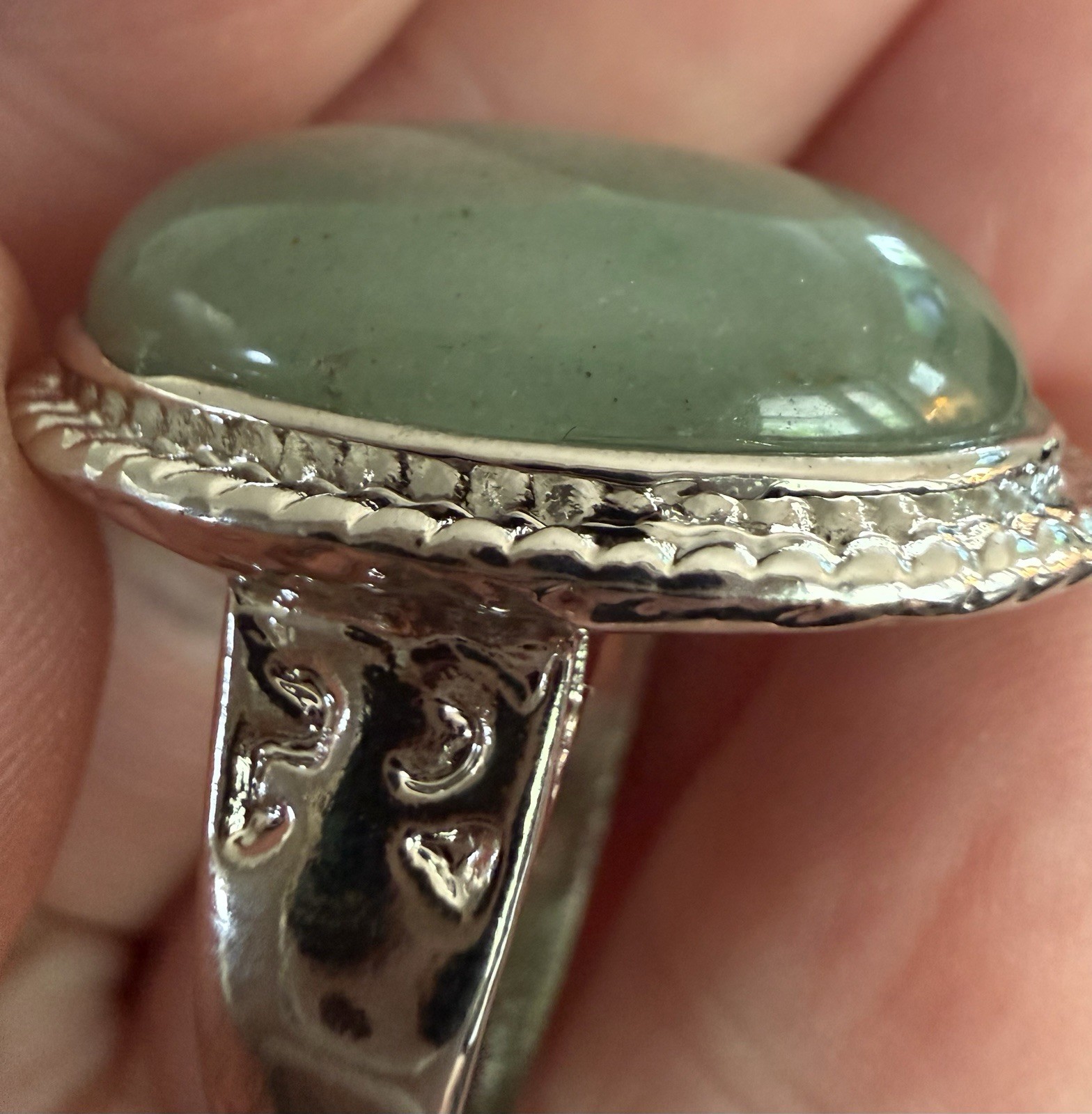 Crystal Cocktail Ring Green Aventurine Semi Precious Gemstone Open Back Bezel