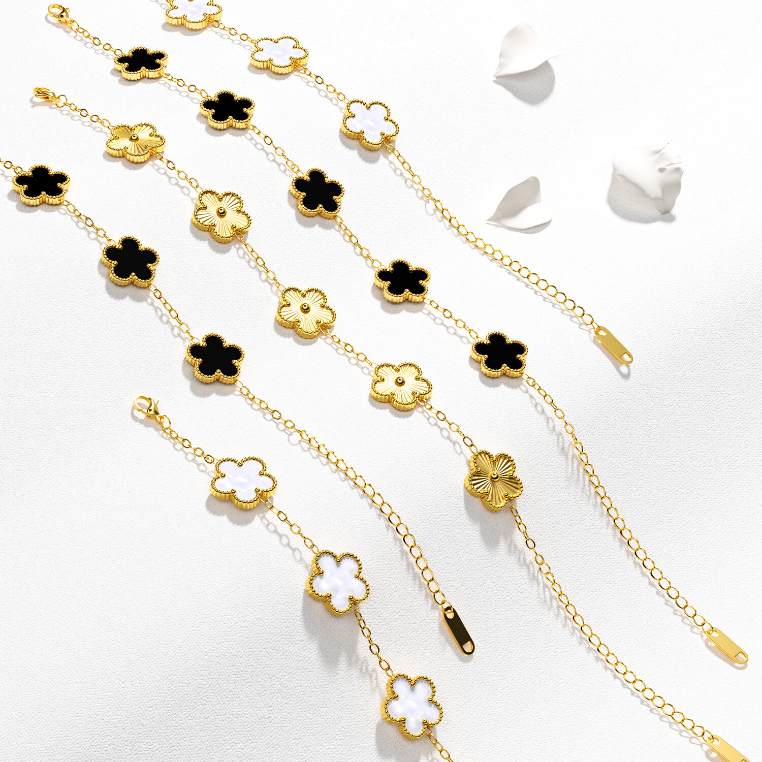 3Pcs 18K Gold Plated Clover Lucky Bracelet Women Flower Five Leaf Link Bracelet