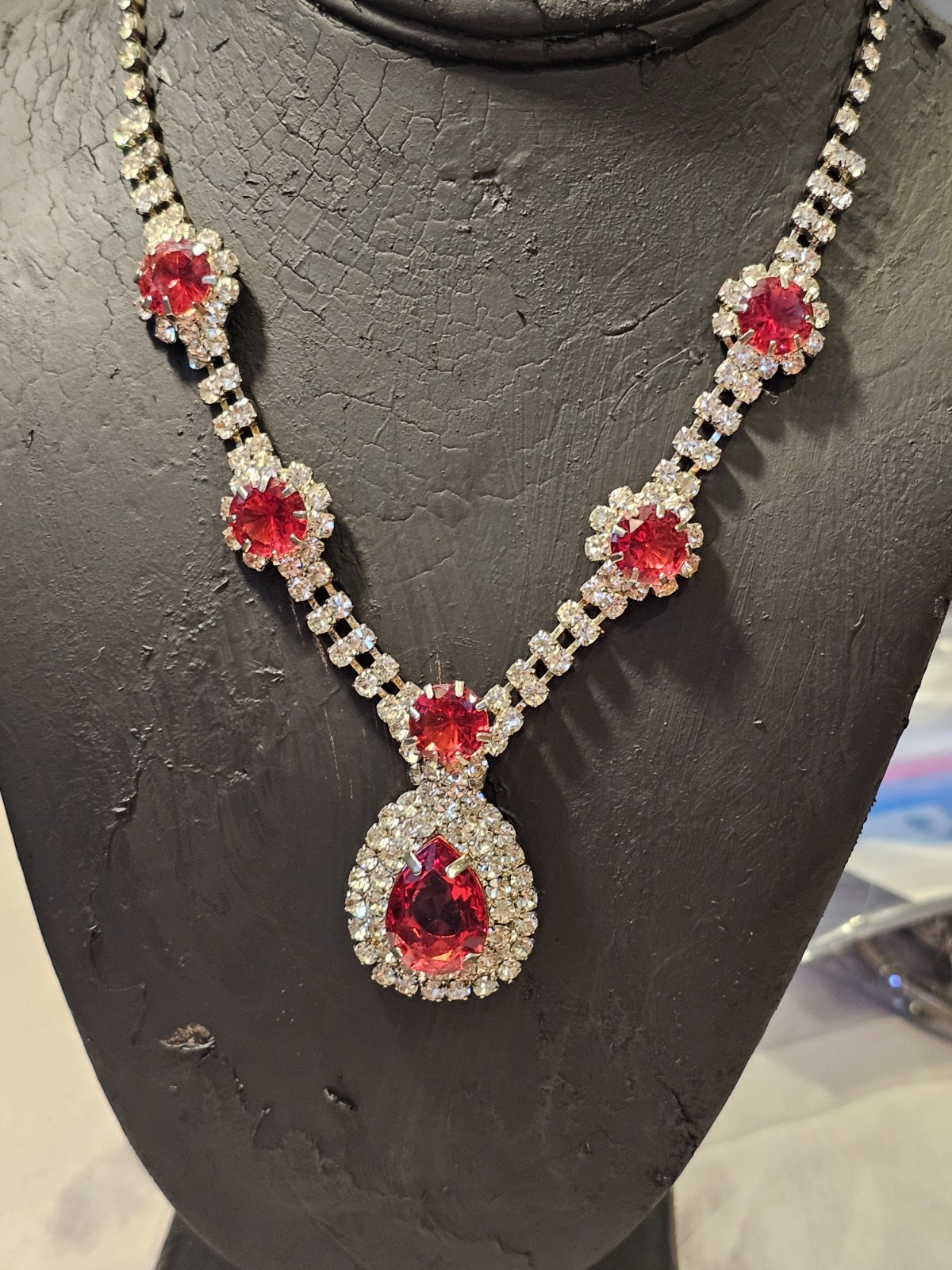 Watermelon Clear Crystal Rhinestone Statement Necklace Glam Evening Costume