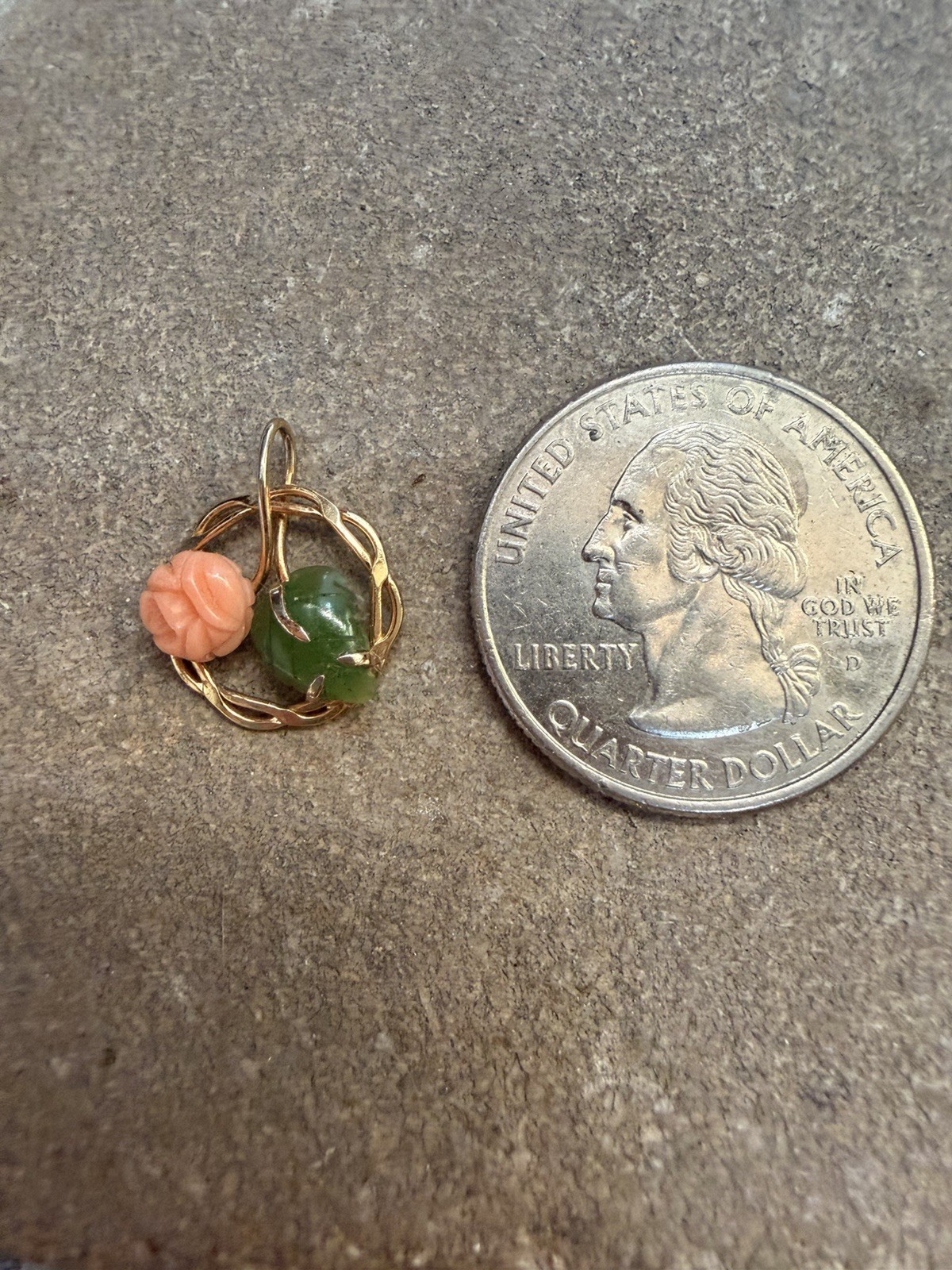 14k Floral pendant featuring a handcarved pink coral rose and a green jade leaf