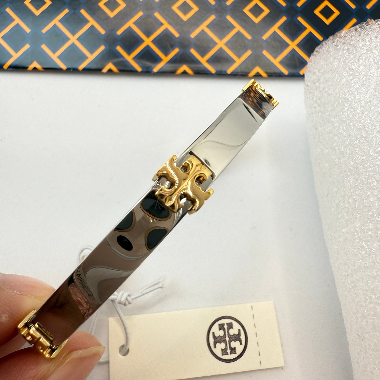 Tory Burch Classic Logo Hinge Bangle 168864 IN Tory Silver